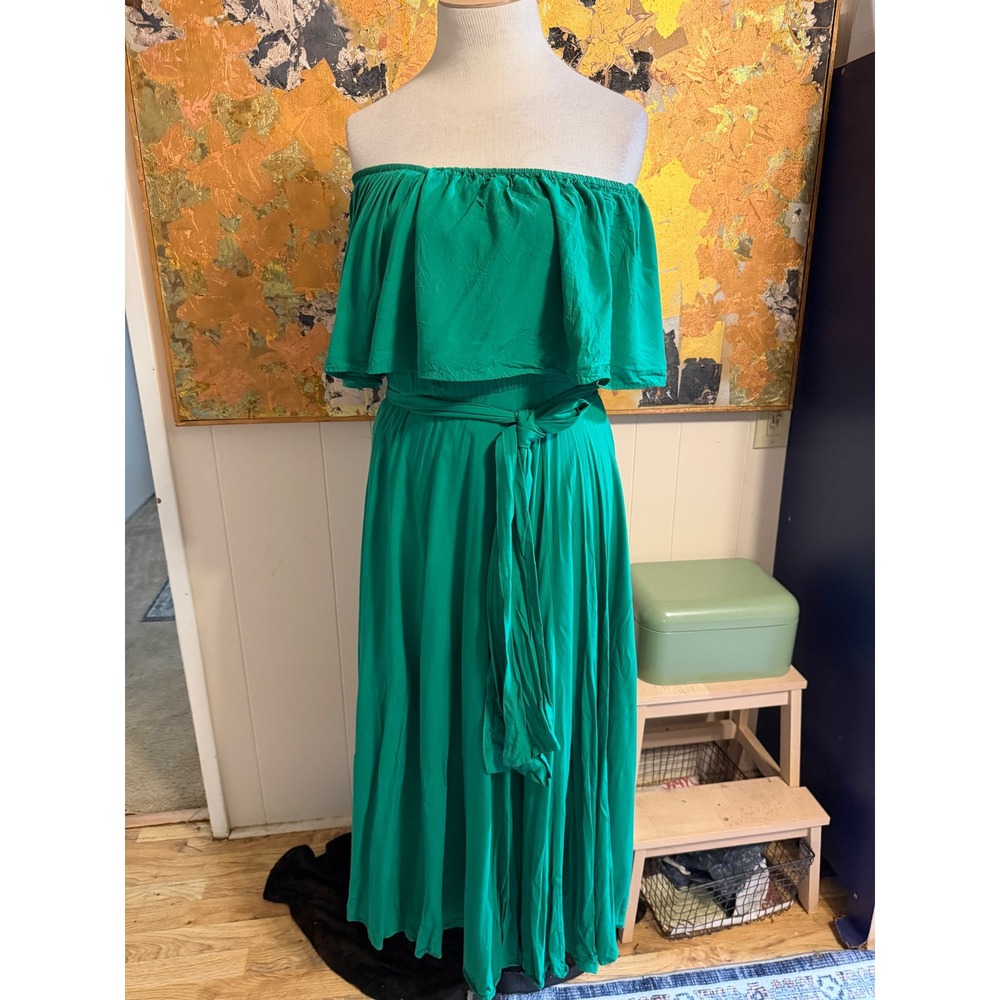 Meghan Los Angeles Green Strapless Ruffle Maxi Dress Large MEG8114 Boho Belted